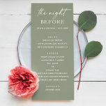 De avond ervoor. Sage groen repetitie diner Menu<br><div class="desc">"The night before" eenvoudige minimalistische repetitie diner menu in tinten van salie groen,  pastel bord groene kleuren voor bos zomer bruiloft. Neem contact met me op als je nog meer objecten nodig hebt.</div>