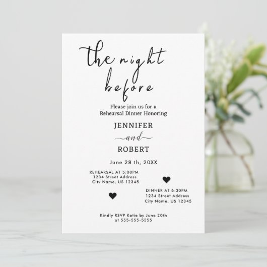 De avond voor bruiloft repetitie diner uitnodigen kaart (Staand voorkant)