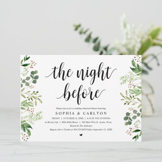 De avond voor de bruiloft, groen, repetitie diner kaart (Staand voorkant)
