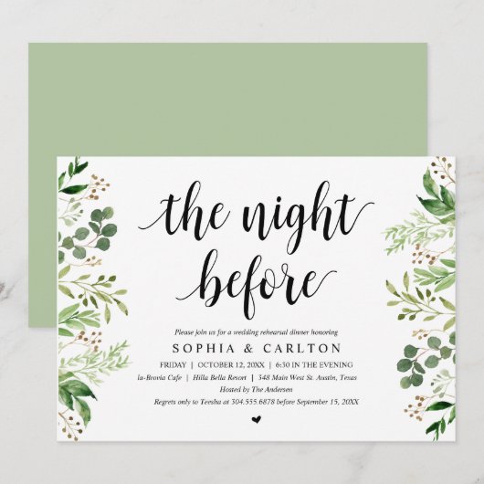 De avond voor de bruiloft, groen, repetitie diner kaart (Voorkant / Achterkant)