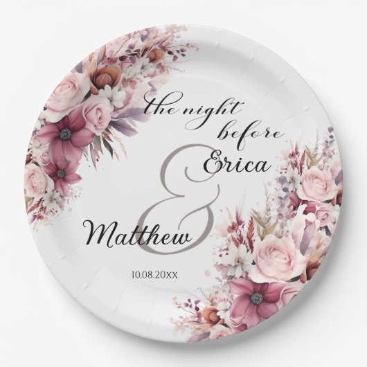 De avond voor de Dusty Pink Boho Bloemenbruiloft Papieren Bordje (Voorkant)