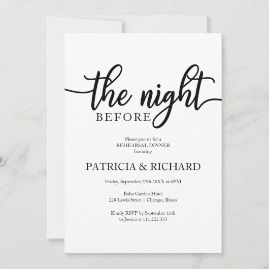 De avond voor eenvoudig elegante repetitie diner kaart (Voorkant)