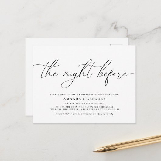 De avond voor het bruiloftsrepetitie diner briefkaart (Voorkant / Achterkant in situ)