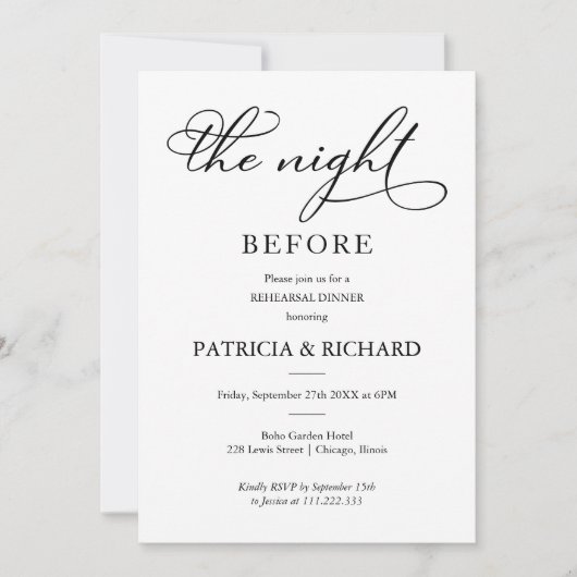 De avond voor het elegante script repetitie diner kaart (Voorkant)
