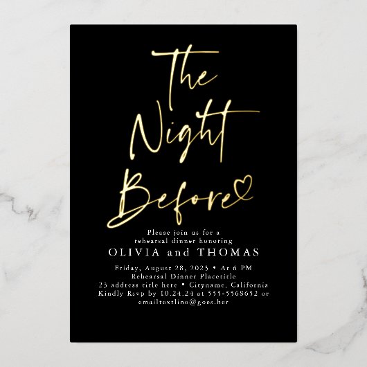 De avond voor het repetitiediner Black Modern Folie Uitnodiging (Voorkant)