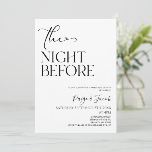 De avond voor minimale bruiloft repetitie diner kaart (Staand voorkant)