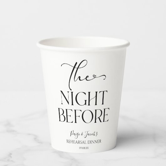 De avond voor minimale bruiloft repetitie diner papieren bekers (Achterkant)
