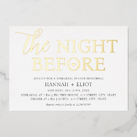 De avond voor repetitie diner minimalistisch goud folie uitnodiging (Voorkant)