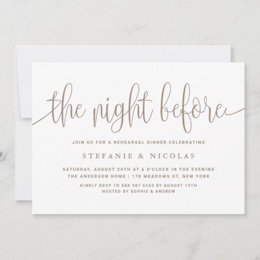 De avond voor Taupe Script repetitie diner Kaart (Voorkant)
