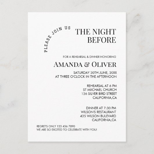 De avond voor welkom bruiloft repetitie diner briefkaart (Voorkant)