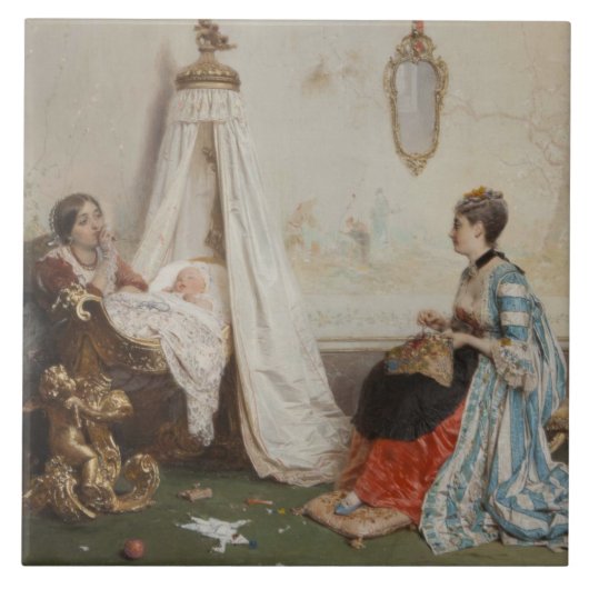 De Baby is Slapen (door Gerolamo Induno) Tegeltje (Voorkant)