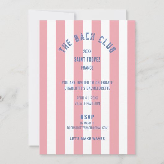 De Bach Club Pink Stripe Bachelorette Party Kaart (Voorkant)