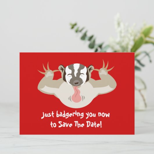 De badger slaat de datum op save the date (Staand voorkant)