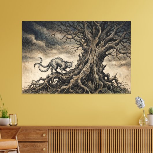 De Bakeneko Onder Kromme Takken Canvas Afdruk (Insitu (Woonkamer))
