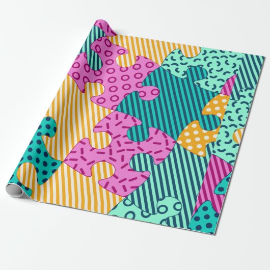 De banner met geometrische puzzels, Memphis backgr Cadeaupapier (Uitgerold)