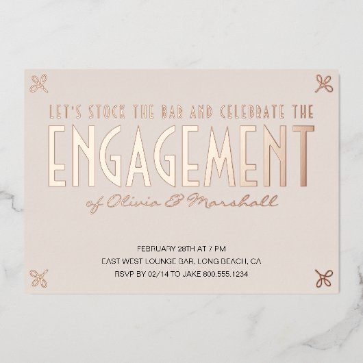 De Bar Engagement Party Luxury Roos Gold Folie Uitnodiging (Voorkant)