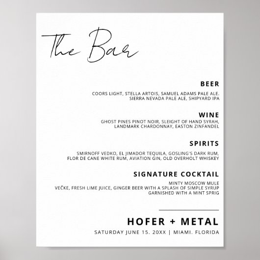 De Bar Moderne Drink Menu Minimalistische bruiloft Poster (Voorkant)