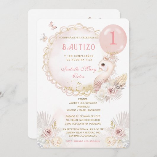 de Bautizo Y Primer Añito Cisne Kaart (Voorkant / Achterkant)