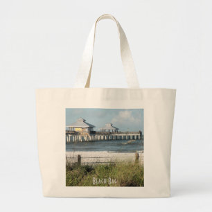 De Beach Bag met de Scène van de Beach en Vist Dok Grote Tote Bag