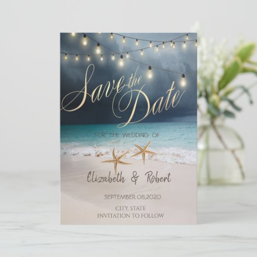 De Beach bruiloft, Seastar string lichten sparen d Save The Date (Staand voorkant)