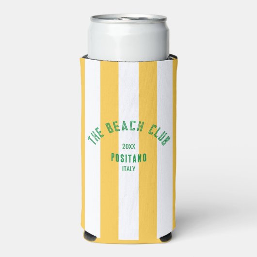 De Beach Club Crest Gele Cabana Streep Seltzer Blikjeskoeler (Seltzer Voorkant)