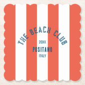 De Beach Club Crest Sinaasappel rode Cabana streep Kartonnen Onderzetters (Voorkant)