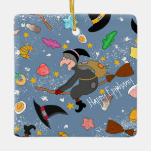 De befana komt 's nachts met het bezempatroon keramisch ornament