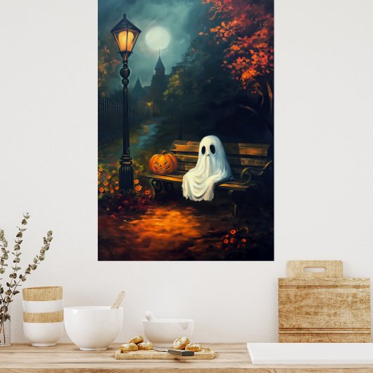De begeleider van oktober | Spooky Ghost & Pumpkin Poster (Keuken)