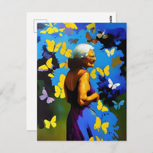 De bejaarde vrouw en vlinders briefkaart (Voorkant / Achterkant)