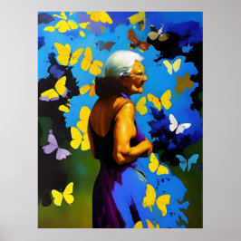 De bejaarde vrouw en vlinders poster