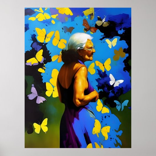 De bejaarde vrouw en vlinders poster (Voorkant)