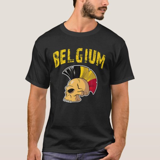 De Belgische vlag Mohawk Skull. Nationale teamonde T-shirt (Voorkant)