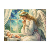 De beschermengel bidt bij de wieg van de baby