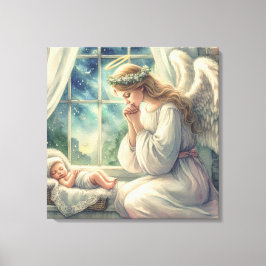 de beschermengel bidt bij de wieg van de baby  canvas afdruk