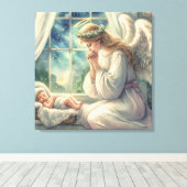 De beschermengel bidt bij de wieg van de baby canvas afdruk (Insitu (Houten vloer))