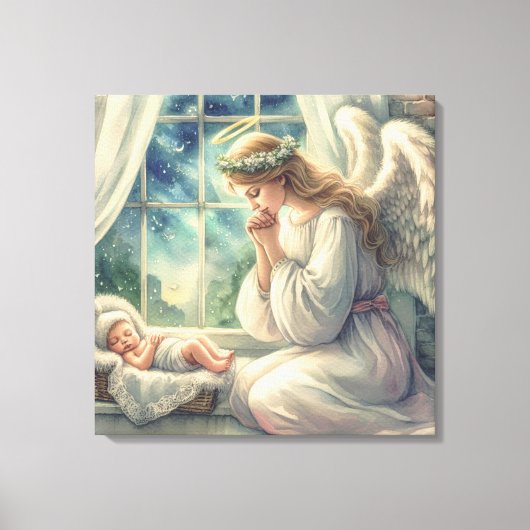 De beschermengel bidt bij de wieg van de baby canvas afdruk (Voorkant)