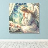 De beschermengel bidt bij de wieg van de baby canvas afdruk (Insitu (Houten vloer))