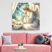 De beschermengel bidt bij de wieg van de baby canvas afdruk (Insitu (Woonkamer))