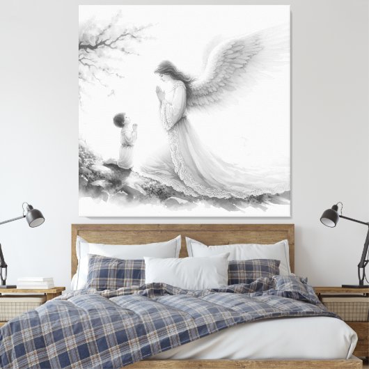 De beschermengel bidt met het kind canvas afdruk (Insitu (Slaapkamer))