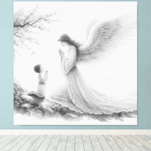 De beschermengel bidt met het kind canvas afdruk (Insitu (Houten vloer))