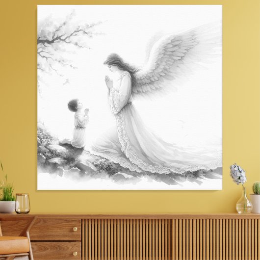 De beschermengel bidt met het kind canvas afdruk (Insitu (Woonkamer))