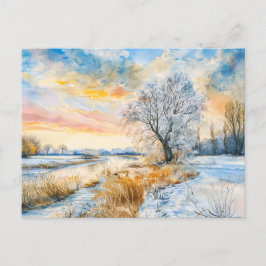 De besneeuwde Havel met Willowtree. Waterverf Briefkaart