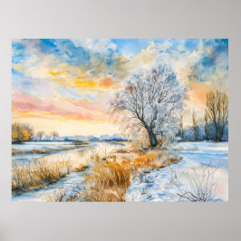 De besneeuwde Havel met Willowtree. Waterverf Poster