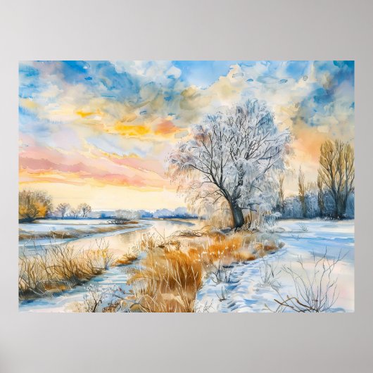 De besneeuwde Havel met Willowtree. Waterverf Poster (Voorkant)