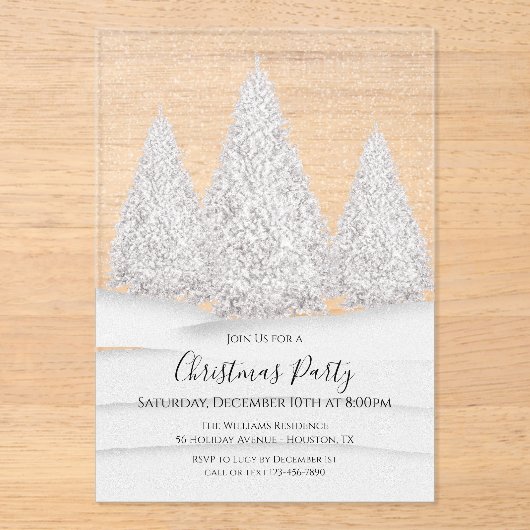 De besneeuwde winterse kerstscène van Silver Tree Acryl Uitnodigingen (Voorkant)