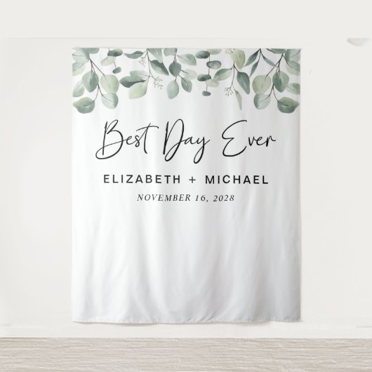 De beste dag ooit Eucalyptus Greenery Wedding Wandkleed (Voorkant)