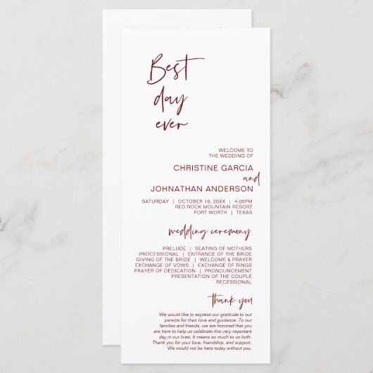 De beste dag ooit, Modern minimalistische Bourgogn Programmakaart (Voorkant / Achterkant)