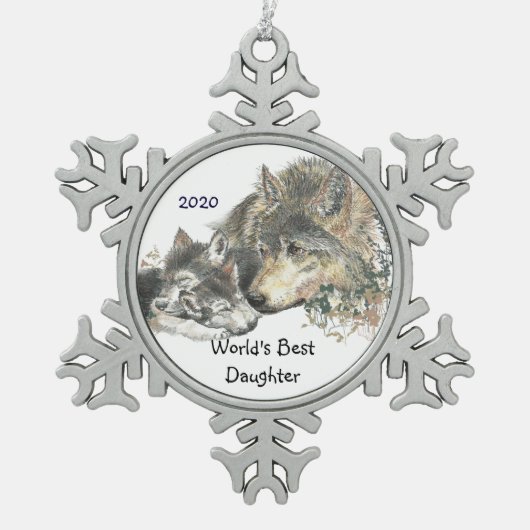 De beste Dochter Wolf Cubs Art van Dated World Tin Sneeuwvlok Ornament (Voorkant)