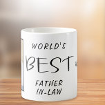 De beste schoonvader ter wereld foto koffiemok<br><div class="desc">Een leuk cadeau voor 's werelds beste schoonvader! U kunt één kant van deze mok personaliseren met een verticale foto. World's Best Father-in-Law is geschreven in leuke typografie midden in de mok. Aan de andere kant van de mok kunt u uw naam en het jaar personaliseren.</div>