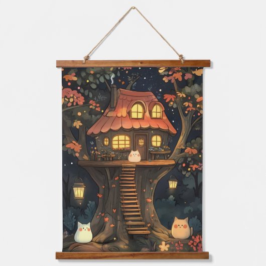 De betoverde boomhut van Glow Cats Hangend Wandkleed (Voorkant)